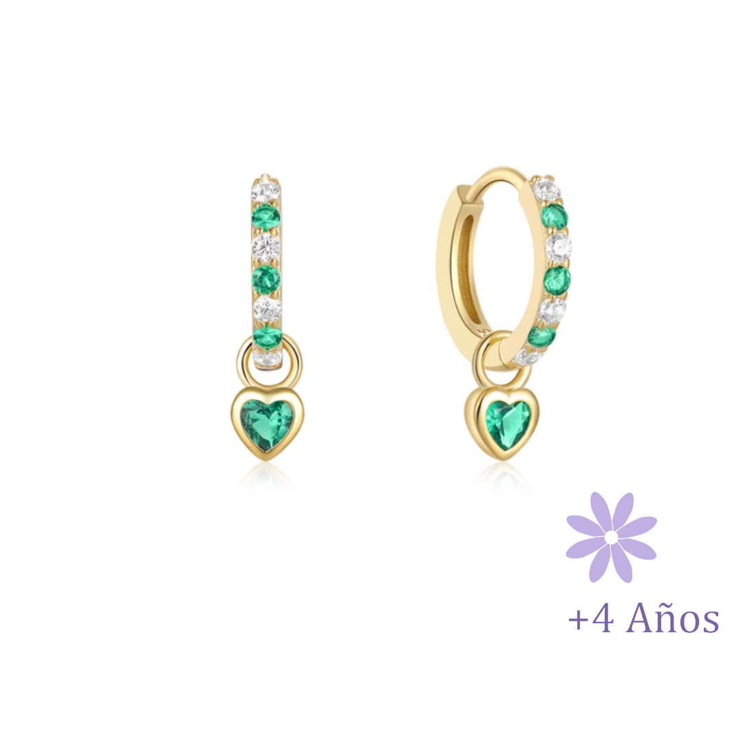 AROS ARGOLLA CORAZÓN CIRCONES VERDE CHAPADO EN ORO