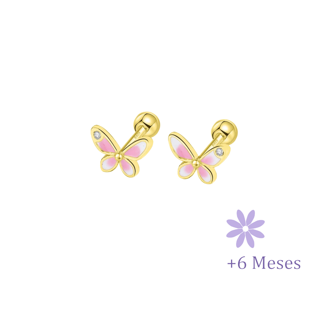 AROS MARIPOSA ESMALTE ROSA CHAPADO ORO TORNILLO ROSCO