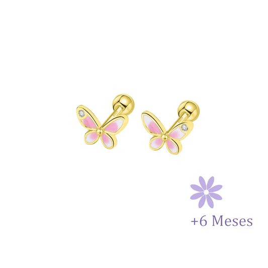 AROS MARIPOSA ESMALTE ROSA CHAPADO ORO TORNILLO ROSCO